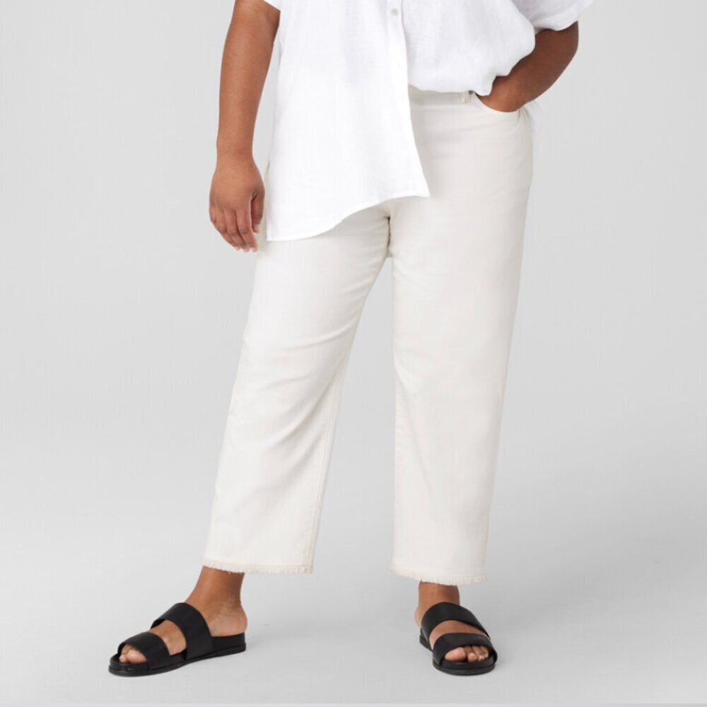Eileen Fisher Organic Cotton Denim Straight White Raw Hem Ankle Jeans Large
